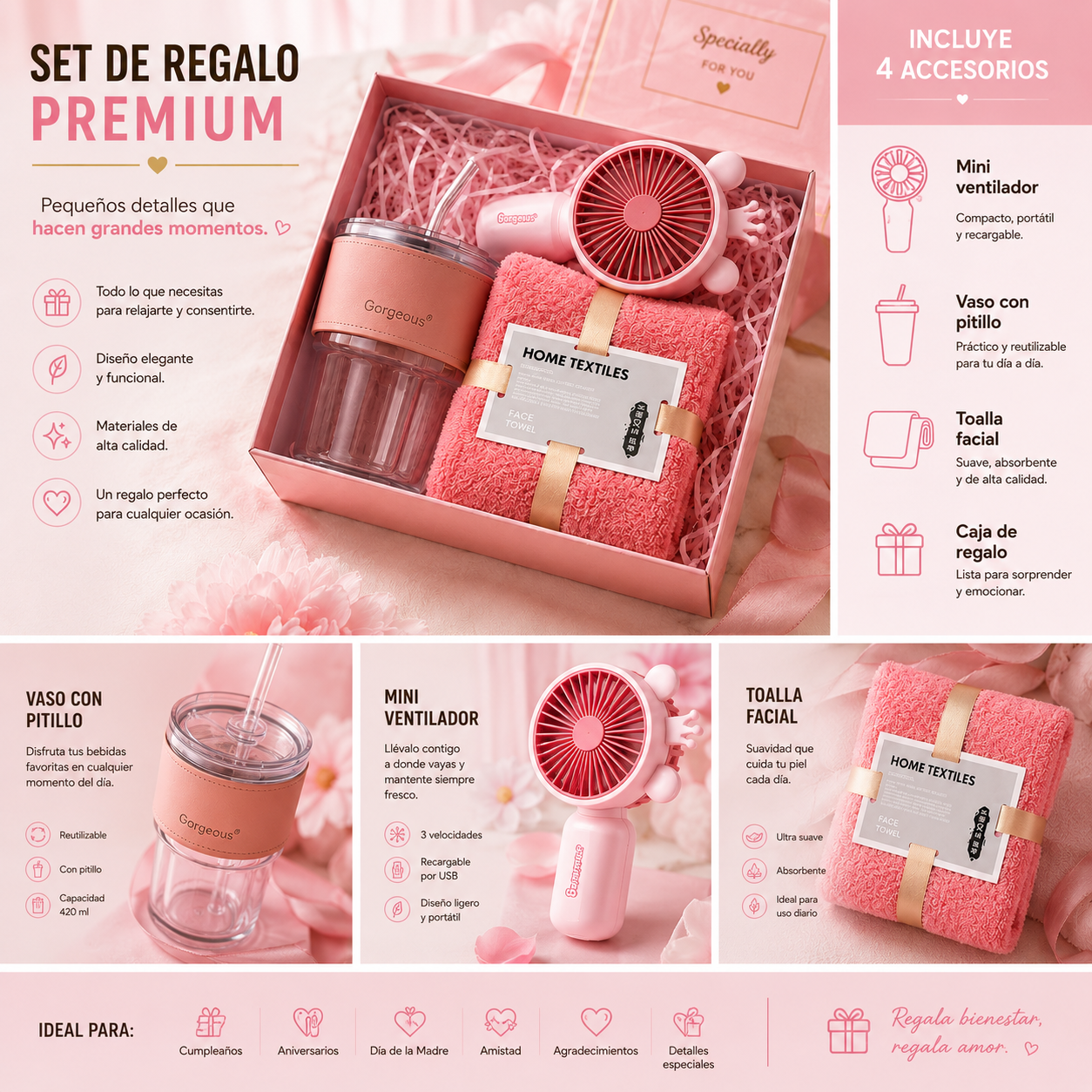 Kit Regalo Frecura y Bienestar - accesorios incluidos: mini ventilador, vaso con pitillo, toalla facial y caja de regalo