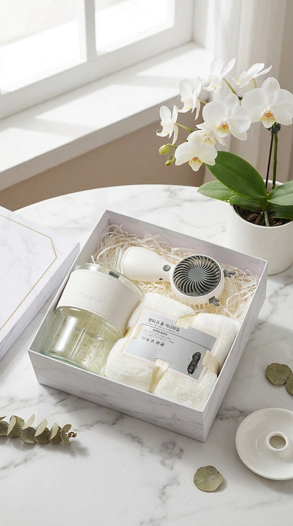 Kit Regalo Frecura y Bienestar color blanco junto a orquideas
