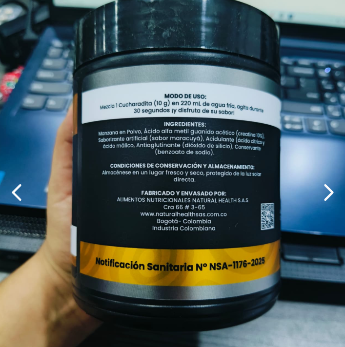 Creatina Maracuyá Natural Health 400g x2 – Sabor Tropical con Registro INVIMA